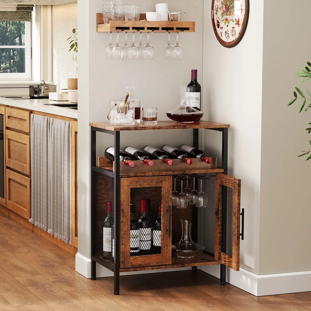 Alt view image 6 of 7 - Wine Bar Rack Cabinet with Detachable Wine Rack, Coffee Barwith Glass Holder, Small Sideboard and Buffet Cabinet with Mesh Door, Rustic Brown(Patent Pending)