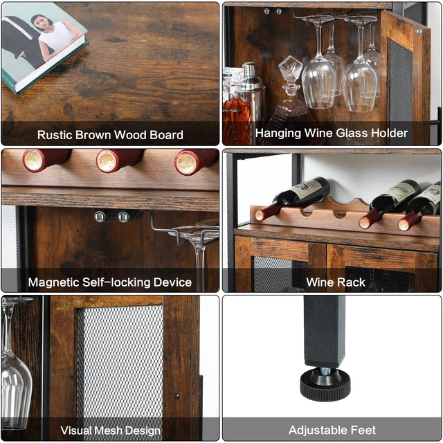 Alt view image 7 of 7 - Wine Bar Rack Cabinet with Detachable Wine Rack, Coffee Barwith Glass Holder, Small Sideboard and Buffet Cabinet with Mesh Door, Rustic Brown(Patent Pending)