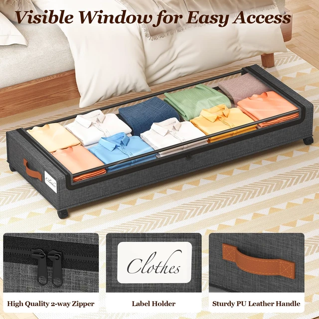 Alt view image 5 of 7 - 85 L Under Bed Storage with Wheels, 2 Pack Extra Large Under Bed Storage Containers with Metal Frame & Clear Lid, Rolling Underbed Organizer Bins Drawers for Clothes, Shoes, Blankets, Hemp Grey