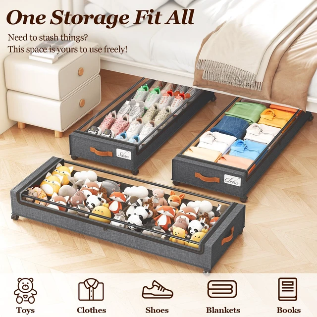 Alt view image 7 of 7 - 85 L Under Bed Storage with Wheels, 2 Pack Extra Large Under Bed Storage Containers with Metal Frame & Clear Lid, Rolling Underbed Organizer Bins Drawers for Clothes, Shoes, Blankets, Hemp Grey