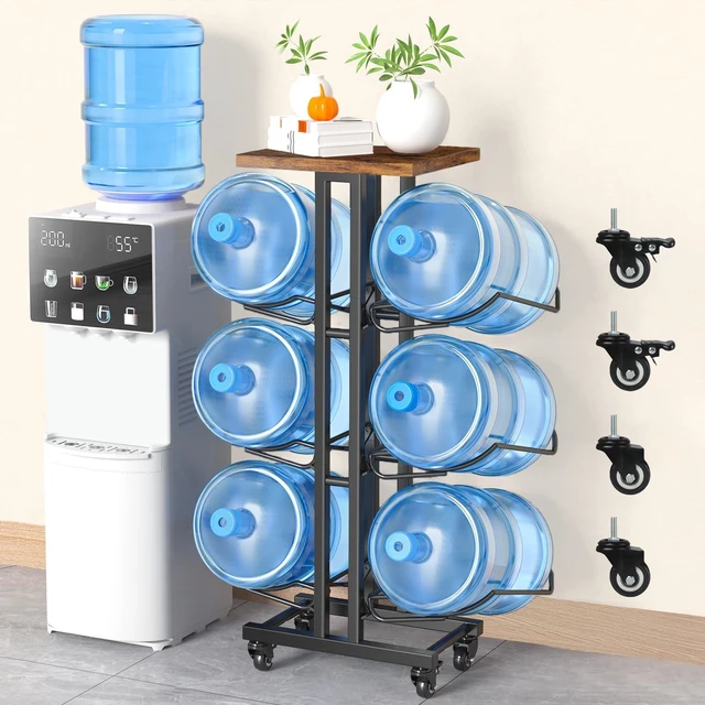 Main image of 5 Gallon Water Jug Holder,3 Tier Foldable Heavy Duty Water Jug Stand Water Bottle Holder Organizer with Lockable Casters Water Dispenser Stand Rack with Removable Wood Top Shelf for 6 BottlesBrown