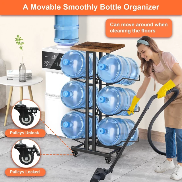 Alt view image 2 of 6 - 5 Gallon Water Jug Holder,3 Tier Foldable Heavy Duty Water Jug Stand Water Bottle Holder Organizer with Lockable Casters Water Dispenser Stand Rack with Removable Wood Top Shelf for 6 BottlesBrown