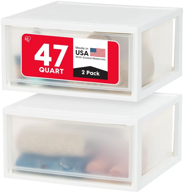 Main image of 2-Pack, 47 Qt. Extra Large Stacking Drawer with Clear Door, White | Store bedding, clothing, shoes, snacks, and dorm essentials with stackable storage that maximizes small living spaces.