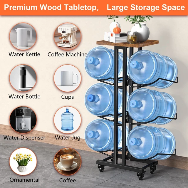 Alt view image 3 of 6 - 5 Gallon Water Jug Holder,3 Tier Foldable Heavy Duty Water Jug Stand Water Bottle Holder Organizer with Lockable Casters Water Dispenser Stand Rack with Removable Wood Top Shelf for 6 BottlesBrown