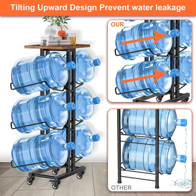 Alt view image 4 of 6 - 5 Gallon Water Jug Holder,3 Tier Foldable Heavy Duty Water Jug Stand Water Bottle Holder Organizer with Lockable Casters Water Dispenser Stand Rack with Removable Wood Top Shelf for 6 BottlesBrown
