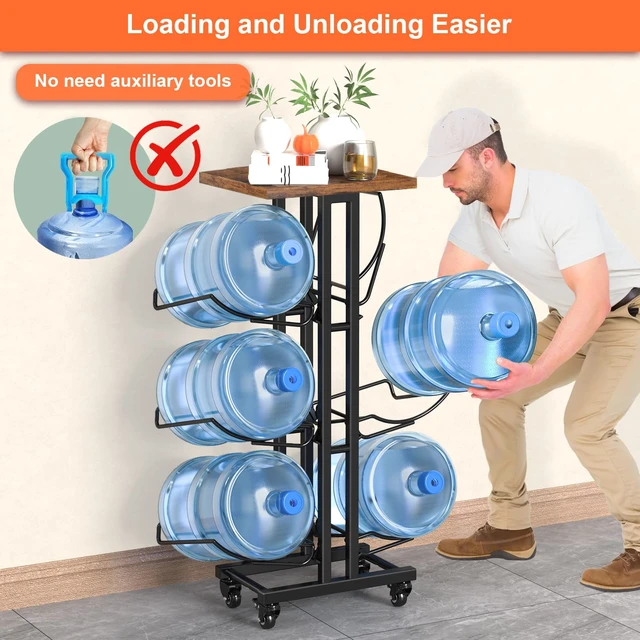 Alt view image 5 of 6 - 5 Gallon Water Jug Holder,3 Tier Foldable Heavy Duty Water Jug Stand Water Bottle Holder Organizer with Lockable Casters Water Dispenser Stand Rack with Removable Wood Top Shelf for 6 BottlesBrown