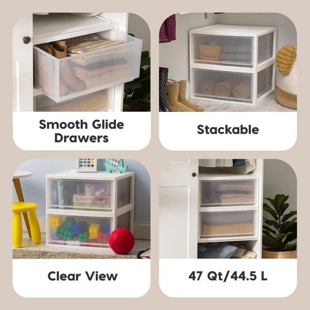 Alt view image 3 of 6 - 2-Pack, 47 Qt. Extra Large Stacking Drawer with Clear Door, White | Store bedding, clothing, shoes, snacks, and dorm essentials with stackable storage that maximizes small living spaces.