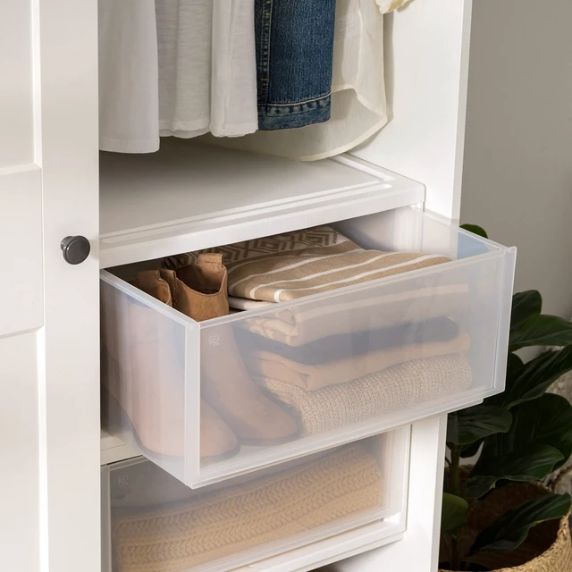 Alt view image 5 of 6 - 2-Pack, 47 Qt. Extra Large Stacking Drawer with Clear Door, White | Store bedding, clothing, shoes, snacks, and dorm essentials with stackable storage that maximizes small living spaces.