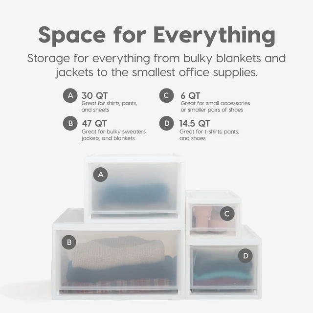 Alt view image 6 of 6 - 2-Pack, 47 Qt. Extra Large Stacking Drawer with Clear Door, White | Store bedding, clothing, shoes, snacks, and dorm essentials with stackable storage that maximizes small living spaces.