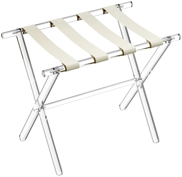 Main image of Acrylic Luggage Rack for Guest Room - Foldable Suitcase Stand with Leather Straps for Bedroom Living Room Hotel Heavy-Duty, Holds up to 50-100 lb lightweight Space Saving, Beige, 1 Pack