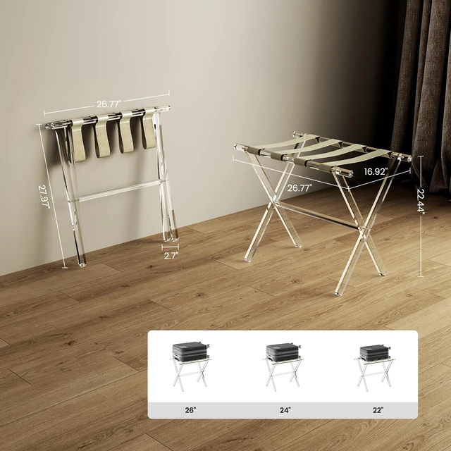 Alt view image 3 of 7 - Acrylic Luggage Rack for Guest Room - Foldable Suitcase Stand with Leather Straps for Bedroom Living Room Hotel Heavy-Duty, Holds up to 50-100 lb lightweight Space Saving, Beige, 1 Pack