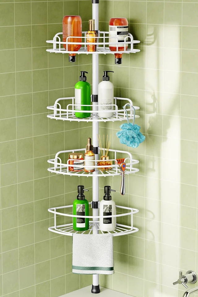 Main image of Rustproof Bathtub Corner Shelf, 4-Tier Shower Caddy Tension Pole | Adjustable Bathroom Organizer For Shampoo, Accessories, Storage, No-Drill Quick Install, Space-Saving 47.7-123.6 Inch, White