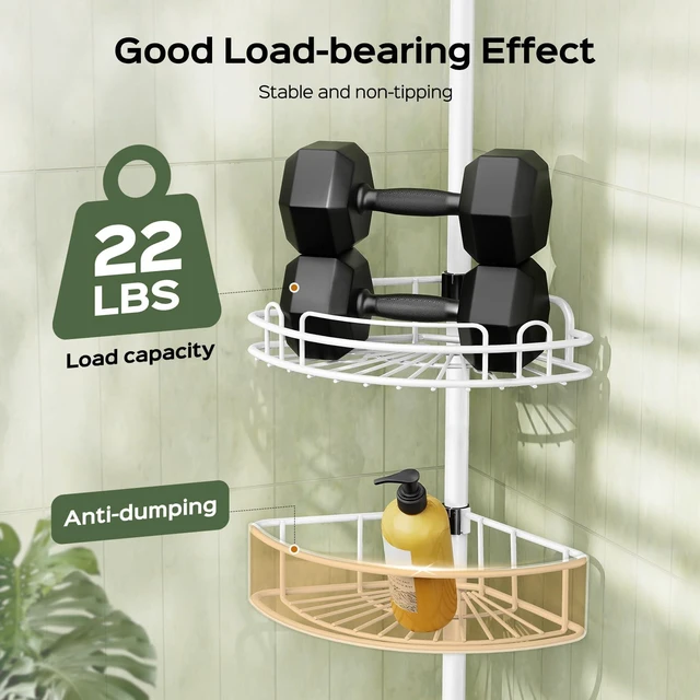Alt view image 3 of 7 - Rustproof Bathtub Corner Shelf, 4-Tier Shower Caddy Tension Pole | Adjustable Bathroom Organizer For Shampoo, Accessories, Storage, No-Drill Quick Install, Space-Saving 47.7-123.6 Inch, White
