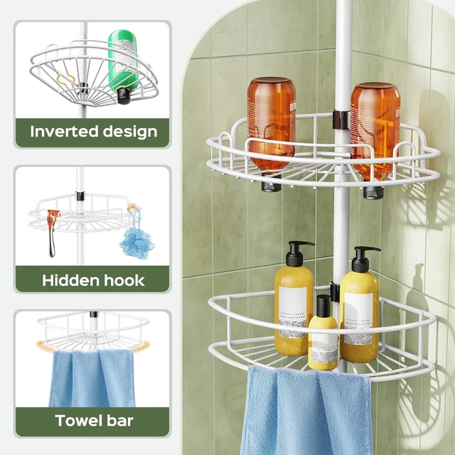 Alt view image 4 of 7 - Rustproof Bathtub Corner Shelf, 4-Tier Shower Caddy Tension Pole | Adjustable Bathroom Organizer For Shampoo, Accessories, Storage, No-Drill Quick Install, Space-Saving 47.7-123.6 Inch, White