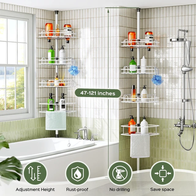 Alt view image 7 of 7 - Rustproof Bathtub Corner Shelf, 4-Tier Shower Caddy Tension Pole | Adjustable Bathroom Organizer For Shampoo, Accessories, Storage, No-Drill Quick Install, Space-Saving 47.7-123.6 Inch, White