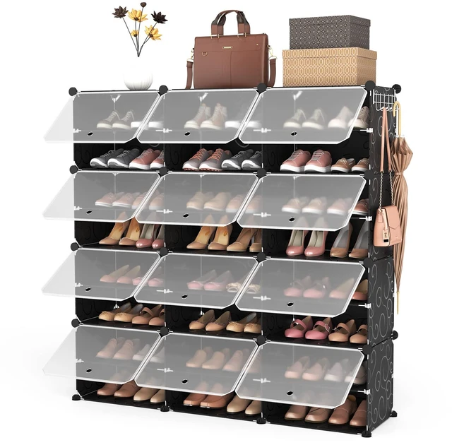 Main image of Portable 8-Tier Shoe Cabinet - 48-Pair Shoe Organizer with Expandable, Free Standing, Stackable Space Saving Design and 2 Exclusive Versatile Hooks for Bedroom