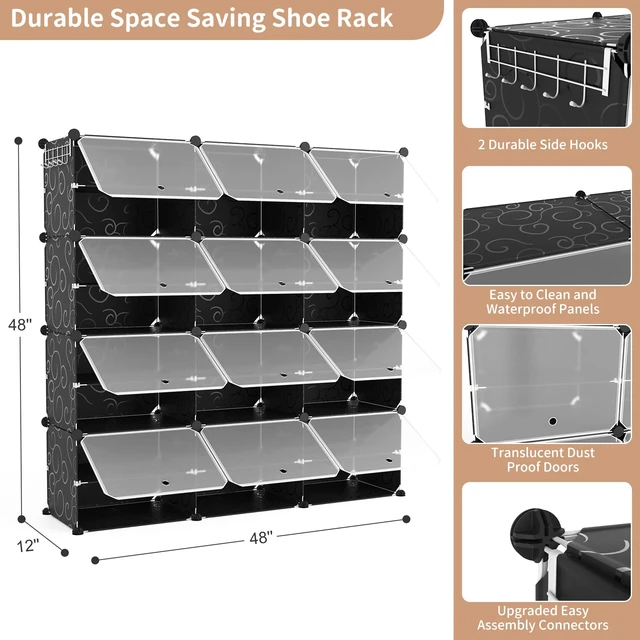 Alt view image 3 of 7 - Portable 8-Tier Shoe Cabinet - 48-Pair Shoe Organizer with Expandable, Free Standing, Stackable Space Saving Design and 2 Exclusive Versatile Hooks for Bedroom