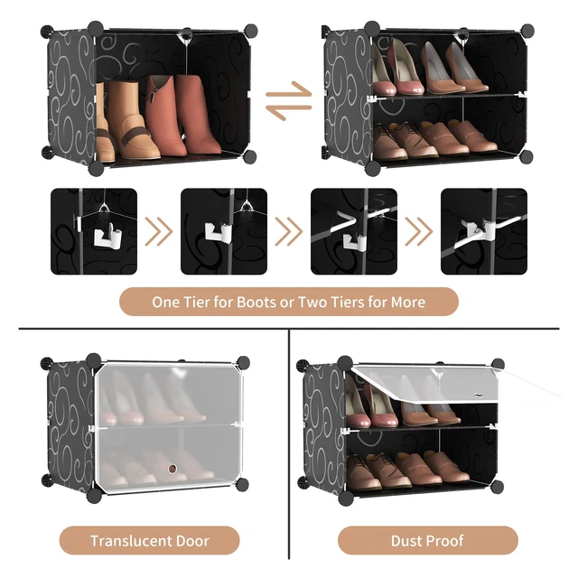 Alt view image 4 of 7 - Portable 8-Tier Shoe Cabinet - 48-Pair Shoe Organizer with Expandable, Free Standing, Stackable Space Saving Design and 2 Exclusive Versatile Hooks for Bedroom