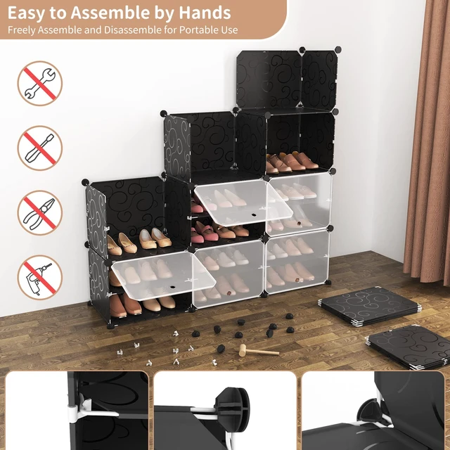 Alt view image 6 of 7 - Portable 8-Tier Shoe Cabinet - 48-Pair Shoe Organizer with Expandable, Free Standing, Stackable Space Saving Design and 2 Exclusive Versatile Hooks for Bedroom