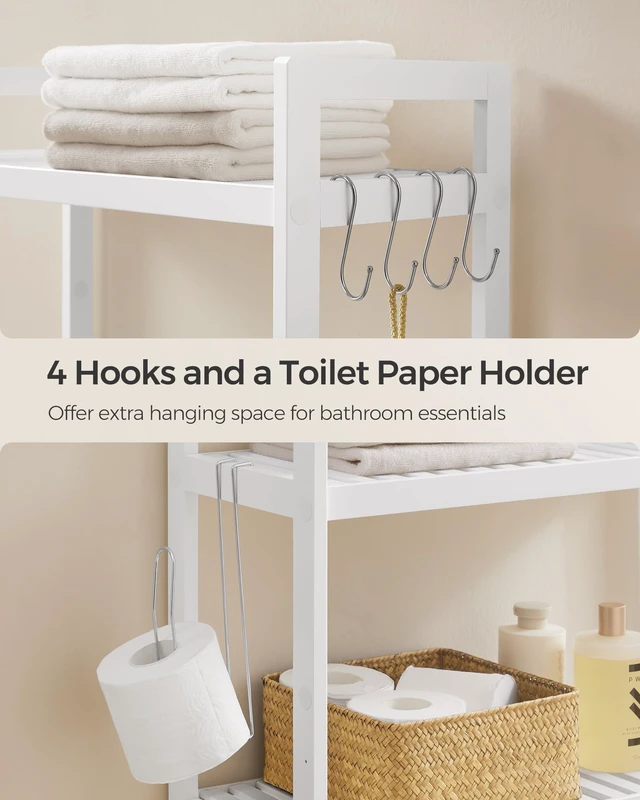 Alt view image 7 of 7 - 3-Tier Bamboo Over The Toilet Storage, Adjustable Shelf, 66.9''H | Bathroom Organizer, Fit Most Toilets, Space-Saving, Cloud White, 10.2 x 24.8 x 72.8 Inches UBTS01WT