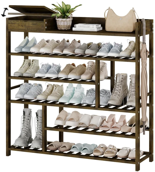 Main image of Shoe Rack for Front Door Entrance Bamboo Shoe Organizer | Free Standing Shoe Cabinet Wooden Shoe Storage Shelf for entryway, Closet and Doorway with Storage Box Dark Brown