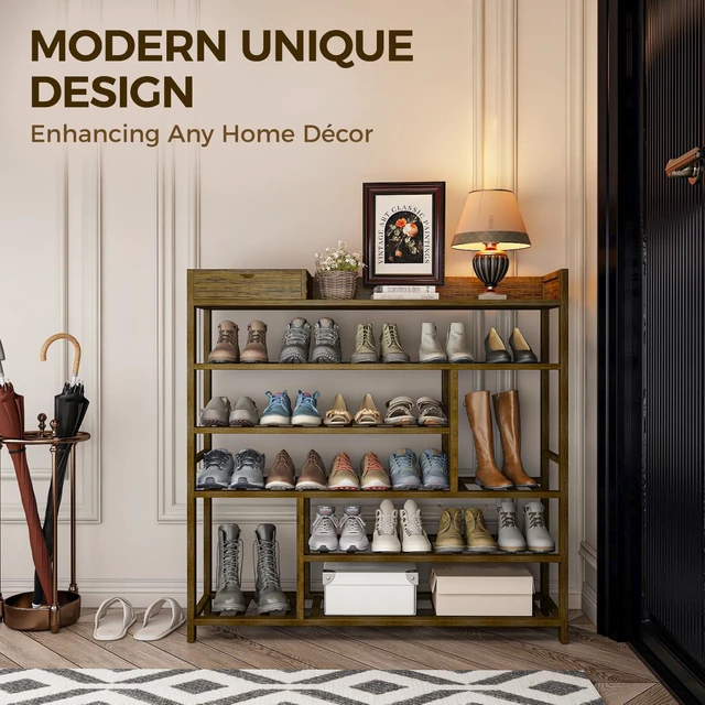 Alt view image 2 of 7 - Shoe Rack for Front Door Entrance Bamboo Shoe Organizer | Free Standing Shoe Cabinet Wooden Shoe Storage Shelf for entryway, Closet and Doorway with Storage Box Dark Brown