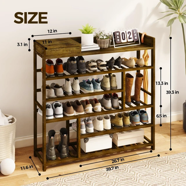 Alt view image 3 of 7 - Shoe Rack for Front Door Entrance Bamboo Shoe Organizer | Free Standing Shoe Cabinet Wooden Shoe Storage Shelf for entryway, Closet and Doorway with Storage Box Dark Brown