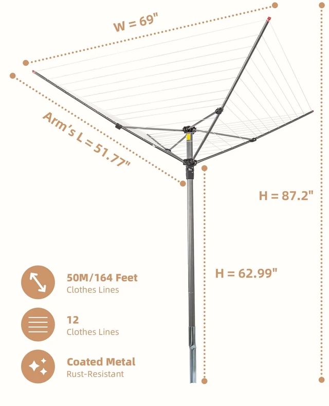 Alt view image 2 of 7 - Outdoor Umbrella Drying Rack, 12 Lines with 164 Feet Drying Space, Steel Frame & Adjustable Height, 4-arm Umbrella Clothesline for Laundry, Collapsible Clothes Drying Rack for Backyard