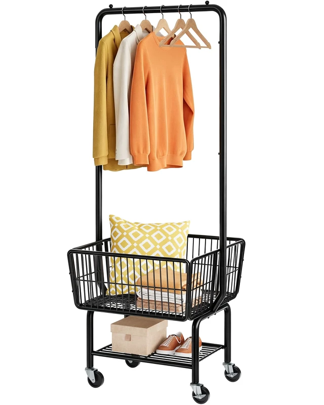 Main image of Rolling Laundry Cart with Hanging Rack & Laundry Basket, Black | Metal Commercia Laundry Cart with Wheels, Laundry Hamper Sorter with Storage Basket & Shelf, Laundry Room, Bathroom, Bedroom