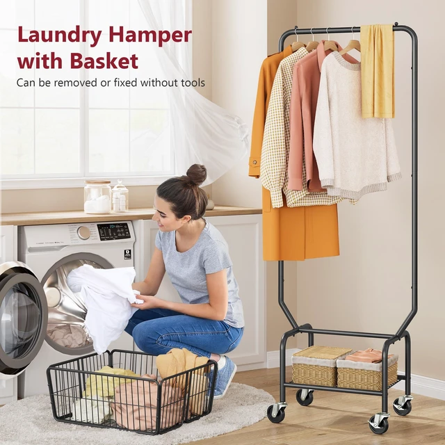 Alt view image 2 of 7 - Rolling Laundry Cart with Hanging Rack & Laundry Basket, Black | Metal Commercia Laundry Cart with Wheels, Laundry Hamper Sorter with Storage Basket & Shelf, Laundry Room, Bathroom, Bedroom