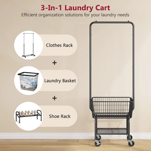 Alt view image 3 of 7 - Rolling Laundry Cart with Hanging Rack & Laundry Basket, Black | Metal Commercia Laundry Cart with Wheels, Laundry Hamper Sorter with Storage Basket & Shelf, Laundry Room, Bathroom, Bedroom