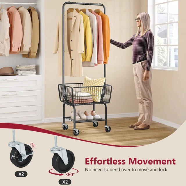 Alt view image 4 of 7 - Rolling Laundry Cart with Hanging Rack & Laundry Basket, Black | Metal Commercia Laundry Cart with Wheels, Laundry Hamper Sorter with Storage Basket & Shelf, Laundry Room, Bathroom, Bedroom