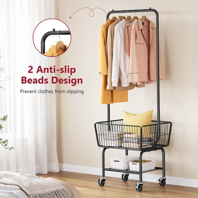 Alt view image 5 of 7 - Rolling Laundry Cart with Hanging Rack & Laundry Basket, Black | Metal Commercia Laundry Cart with Wheels, Laundry Hamper Sorter with Storage Basket & Shelf, Laundry Room, Bathroom, Bedroom