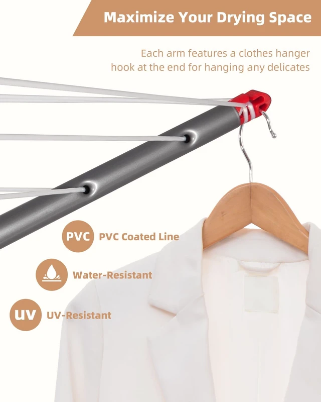 Alt view image 6 of 7 - Outdoor Umbrella Drying Rack, 12 Lines with 164 Feet Drying Space, Steel Frame & Adjustable Height, 4-arm Umbrella Clothesline for Laundry, Collapsible Clothes Drying Rack for Backyard