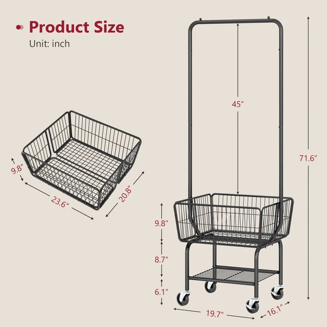 Alt view image 6 of 7 - Rolling Laundry Cart with Hanging Rack & Laundry Basket, Black | Metal Commercia Laundry Cart with Wheels, Laundry Hamper Sorter with Storage Basket & Shelf, Laundry Room, Bathroom, Bedroom