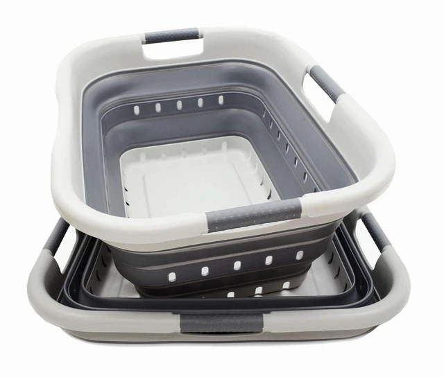 Main image of 41L (10.8 gallon) Set of 2 Collapsible 3 Handled Plastic Laundry Basket-Foldable Pop Up Storage Container/Organizer-Space Saving Hamper/Basket (2, Grey/Dark Grey)