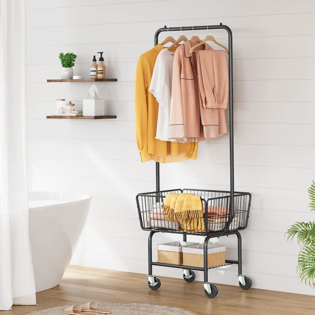 Alt view image 7 of 7 - Rolling Laundry Cart with Hanging Rack & Laundry Basket, Black | Metal Commercia Laundry Cart with Wheels, Laundry Hamper Sorter with Storage Basket & Shelf, Laundry Room, Bathroom, Bedroom