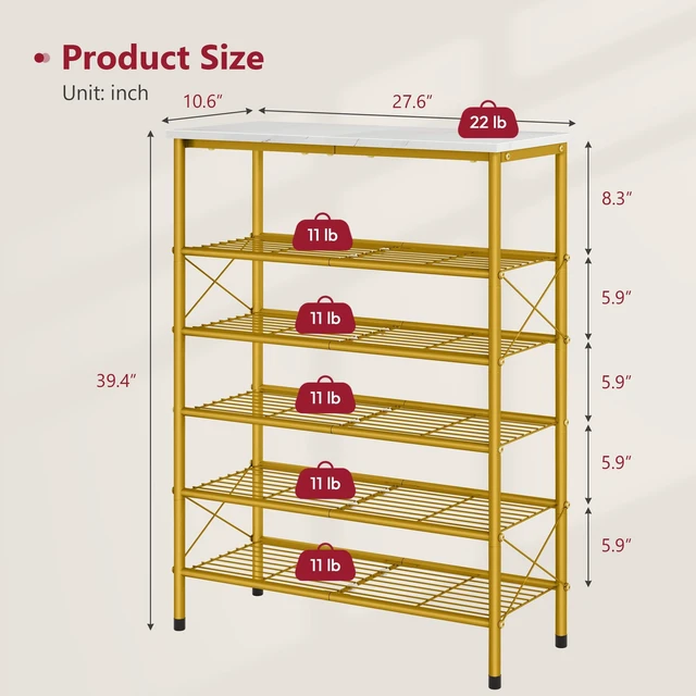 Alt view image 7 of 7 - 6 Tier Shoe Rack for 20-24 Pairs of Shoes, White & Gold | Sturdy & Durable, X Shape Fixed Frame, Metal Mesh Shoe Shelf, Industrial, For Closet, For Entryway Shoe Storage