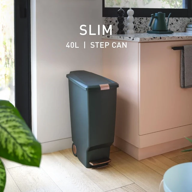 Alt view image 2 of 6 - Slim Step Can, 40L / 10.6 Gallon Space-Efficient Kitchen Trash Can, Studio Edition, Pet-Proof Slide Lock, 150,000-Step Pedal, Wheels, Hunter Green Plastic