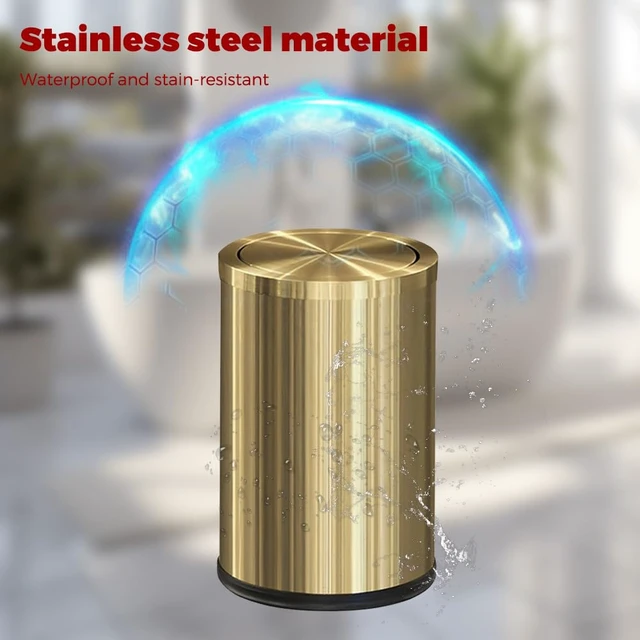 Alt view image 3 of 7 - 9L/2.4Gal Gold Trash Can,Bathrorm Trash Can with Lid,FILP Lid | Bathroom Trash Can Gold,Stainless Steel,Pet Proof,Waterproof,brass bronze trash can for Office, Laundry Room,Bedroom,Hotel