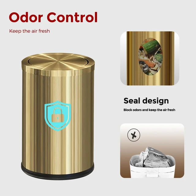 Alt view image 4 of 7 - 9L/2.4Gal Gold Trash Can,Bathrorm Trash Can with Lid,FILP Lid | Bathroom Trash Can Gold,Stainless Steel,Pet Proof,Waterproof,brass bronze trash can for Office, Laundry Room,Bedroom,Hotel