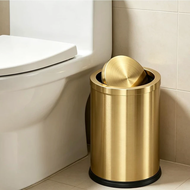 Alt view image 2 of 7 - 9L/2.4Gal Gold Trash Can,Bathrorm Trash Can with Lid,FILP Lid | Bathroom Trash Can Gold,Stainless Steel,Pet Proof,Waterproof,brass bronze trash can for Office, Laundry Room,Bedroom,Hotel