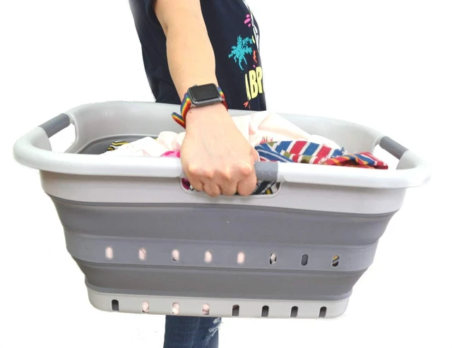 Alt view image 6 of 7 - 41L (10.8 gallon) Set of 2 Collapsible 3 Handled Plastic Laundry Basket-Foldable Pop Up Storage Container/Organizer-Space Saving Hamper/Basket (2, Grey/Dark Grey)
