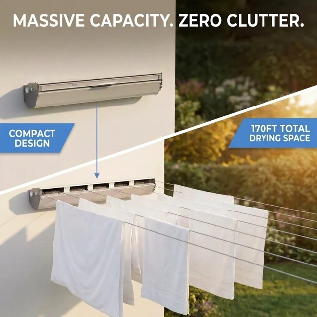 Alt view image 2 of 6 - Steel and Aluminum 5Line Retractable WallMounted Dryer Slim SpaceSaving Laundry Rack, White Finish