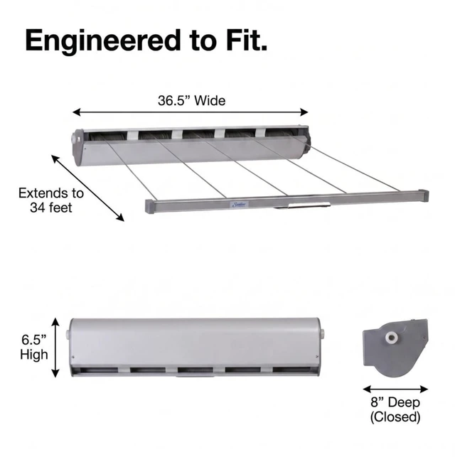 Alt view image 6 of 6 - Steel and Aluminum 5Line Retractable WallMounted Dryer Slim SpaceSaving Laundry Rack, White Finish