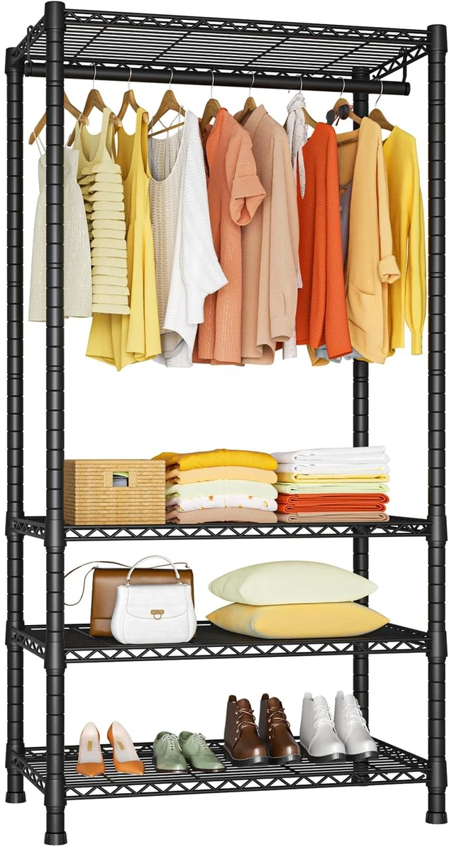 Main image of H2 Heavy Duty Clothes Rack, Freestanding 4 Tiers Garment Rack for Hanging Clothes with Shelves and Hangers, Closet Organizers and Storage Metal Closet Wardrobe System, Max Load 500 LBS, Black