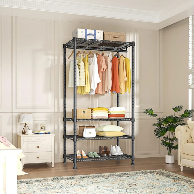 Alt view image 2 of 7 - H2 Heavy Duty Clothes Rack, Freestanding 4 Tiers Garment Rack for Hanging Clothes with Shelves and Hangers, Closet Organizers and Storage Metal Closet Wardrobe System, Max Load 500 LBS, Black