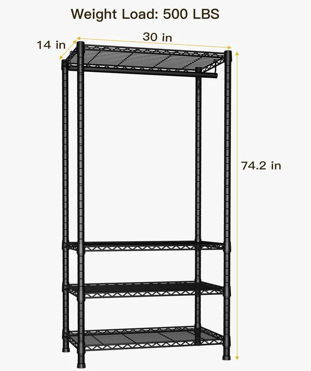 Alt view image 3 of 7 - H2 Heavy Duty Clothes Rack, Freestanding 4 Tiers Garment Rack for Hanging Clothes with Shelves and Hangers, Closet Organizers and Storage Metal Closet Wardrobe System, Max Load 500 LBS, Black