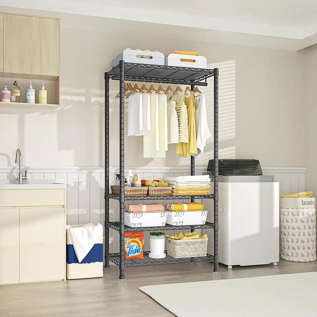 Alt view image 5 of 7 - H2 Heavy Duty Clothes Rack, Freestanding 4 Tiers Garment Rack for Hanging Clothes with Shelves and Hangers, Closet Organizers and Storage Metal Closet Wardrobe System, Max Load 500 LBS, Black