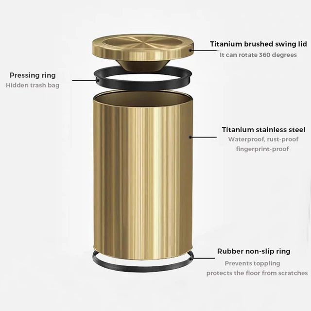 Alt view image 6 of 7 - 9L/2.4Gal Gold Trash Can,Bathrorm Trash Can with Lid,FILP Lid | Bathroom Trash Can Gold,Stainless Steel,Pet Proof,Waterproof,brass bronze trash can for Office, Laundry Room,Bedroom,Hotel